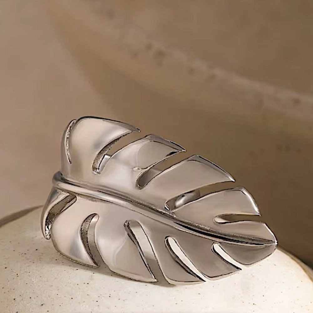 Silver Feather Leaf Leaves Ring Adjustable Stainless Steel Gold Plated